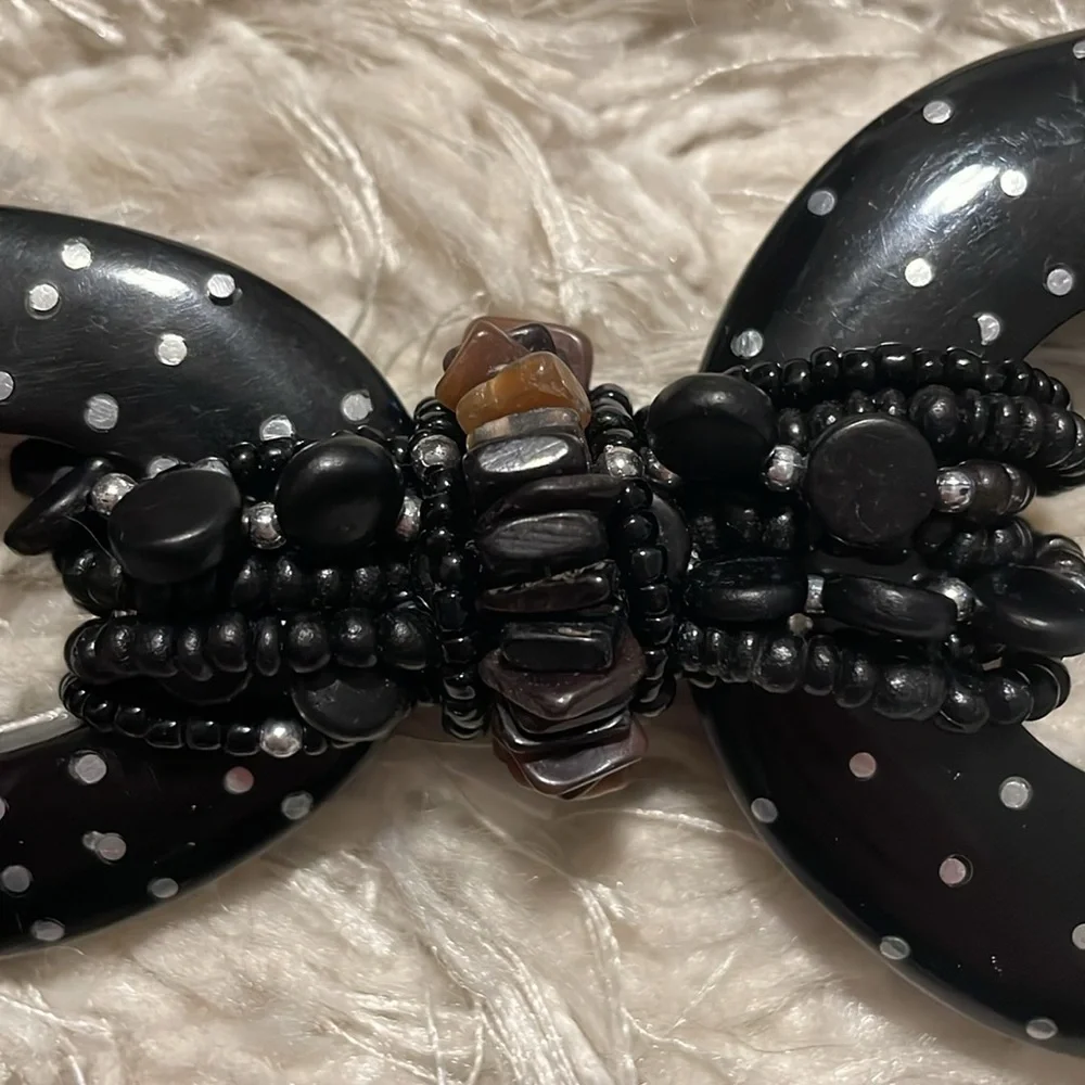 Chico's Black Silver Polka Dot Beaded Adjustable Leather Belt
